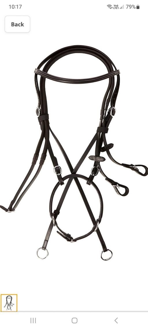 Full size black cross over bitless bridle and reins, in lovely condition