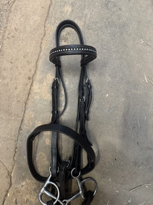 Cob dark brown bridle, full size reins with hanging cheek 4.5” snaffle